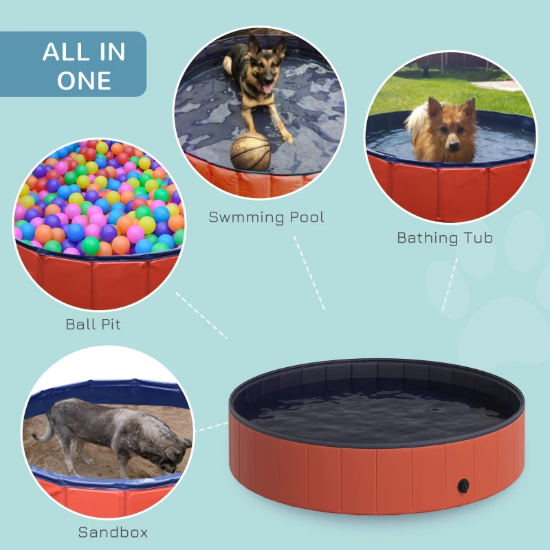 PawHut Folding Dog Pool Portable Pet Kiddie Swimming Pool, Outdoor/Indoor Puppy Bath Tub with Nonslip Bottom for Dogs & Cats,  (Φ55", Red)