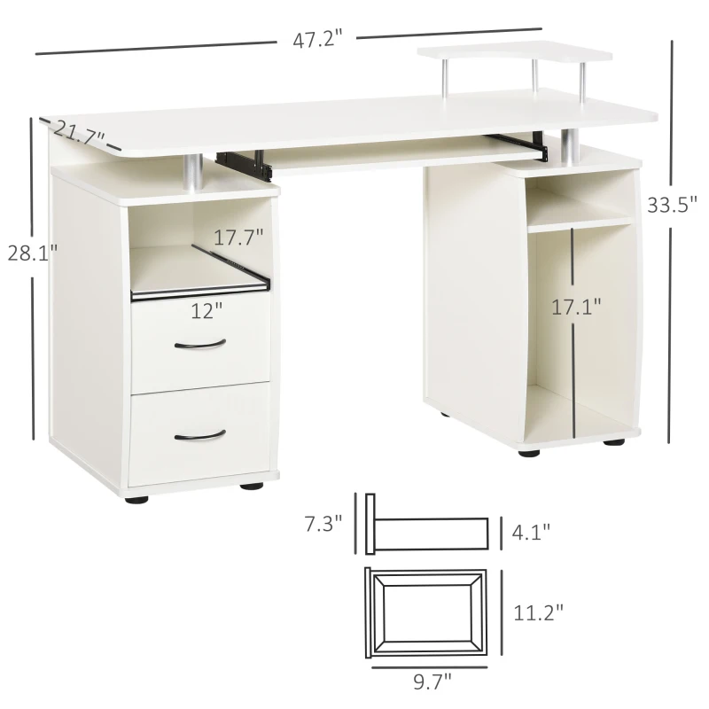 HOMCOM Multi-Function Computer Desk Home Office Workstation with Keyboard Tray, Elevated Shelf, Sliding Scanner Shelf and CPU Stand, White