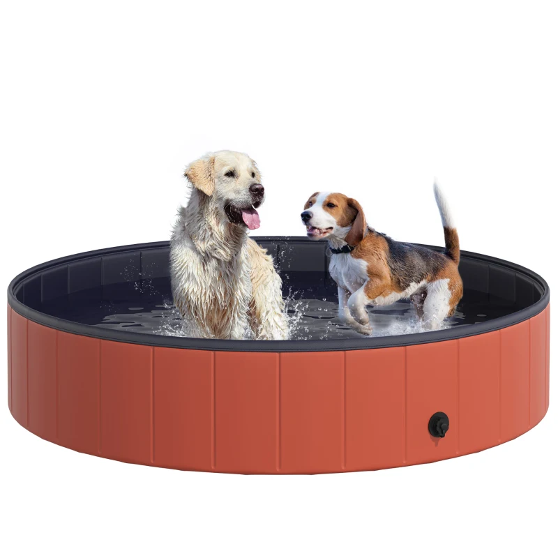 PawHut Folding Dog Pool Portable Pet Kiddie Swimming Pool, Outdoor/Indoor Puppy Bath Tub with Nonslip Bottom for Dogs & Cats,  (Φ55", Red)