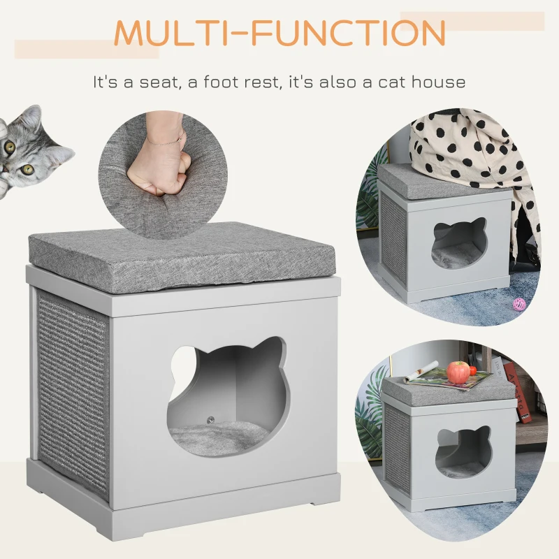 PawHut Indoor Cat Bed with 2 Exterior Scratching Boards, Cat Cube House with Removeable Cushions, 16" L x 12" W x 14" H, Grey