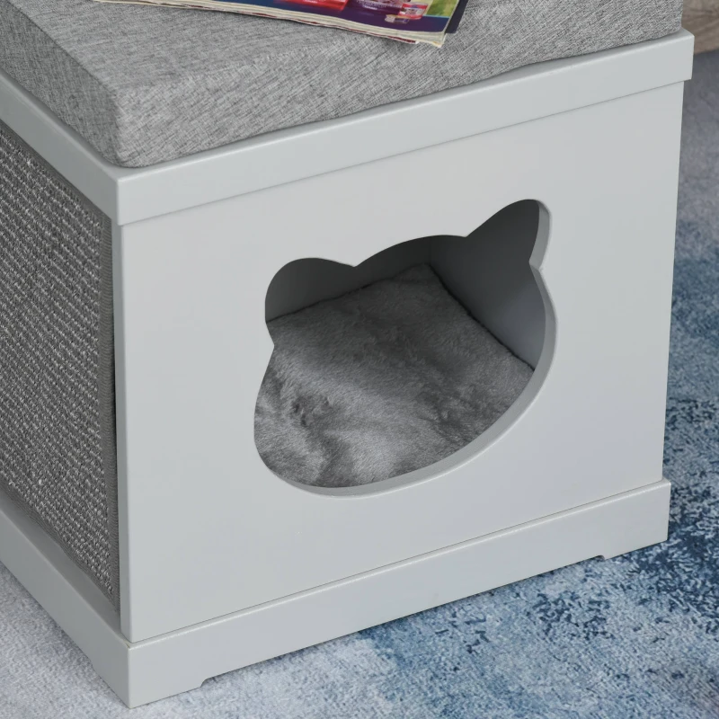 PawHut Indoor Cat Bed with 2 Exterior Scratching Boards, Cat Cube House with Removeable Cushions, 16" L x 12" W x 14" H, Grey