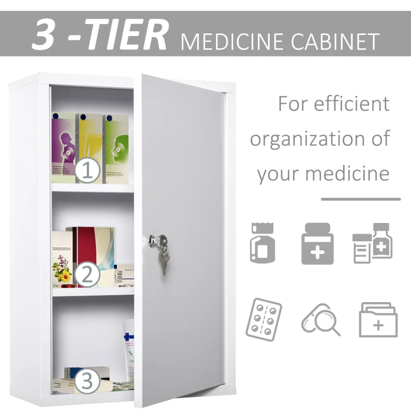 kleankin Wall Mount Medicine Cabinet 3 Tier Steel Emergency Box for Bathroom, Lockable with 2 Keys, White