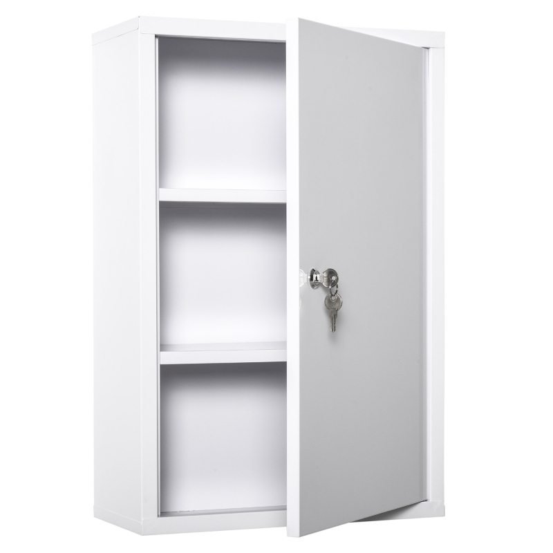 kleankin Wall Mount Medicine Cabinet 3 Tier Steel Emergency Box for Bathroom, Lockable with 2 Keys, White