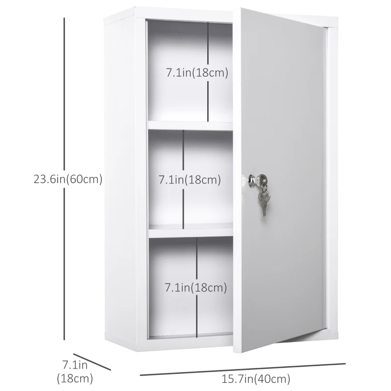kleankin Wall Mount Medicine Cabinet 3 Tier Steel Emergency Box for Bathroom, Lockable with 2 Keys, White