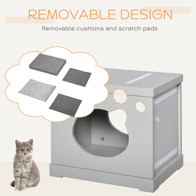 PawHut Indoor Cat Bed with 2 Exterior Scratching Boards, Cat Cube House with Removeable Cushions, 16" L x 12" W x 14" H, Grey