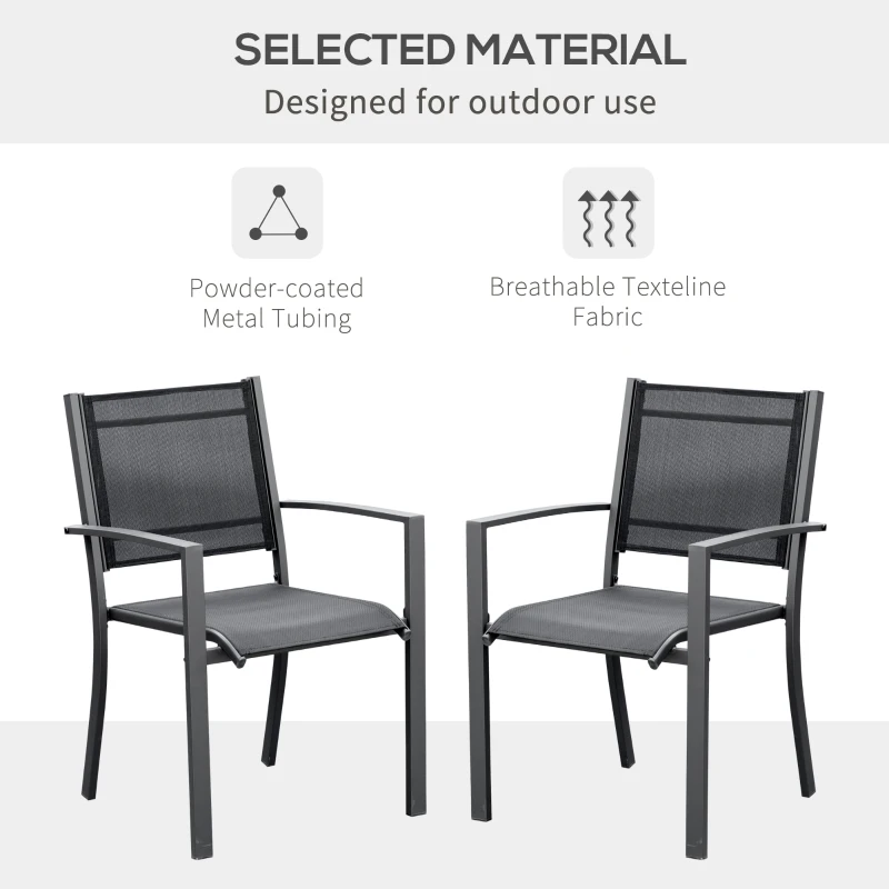 Outsunny Set of 2 Garden Chairs, Stackable Patio Dining Chairs with Mesh Seat, Steel Frame for Outdoor, Backyard, Dark Grey