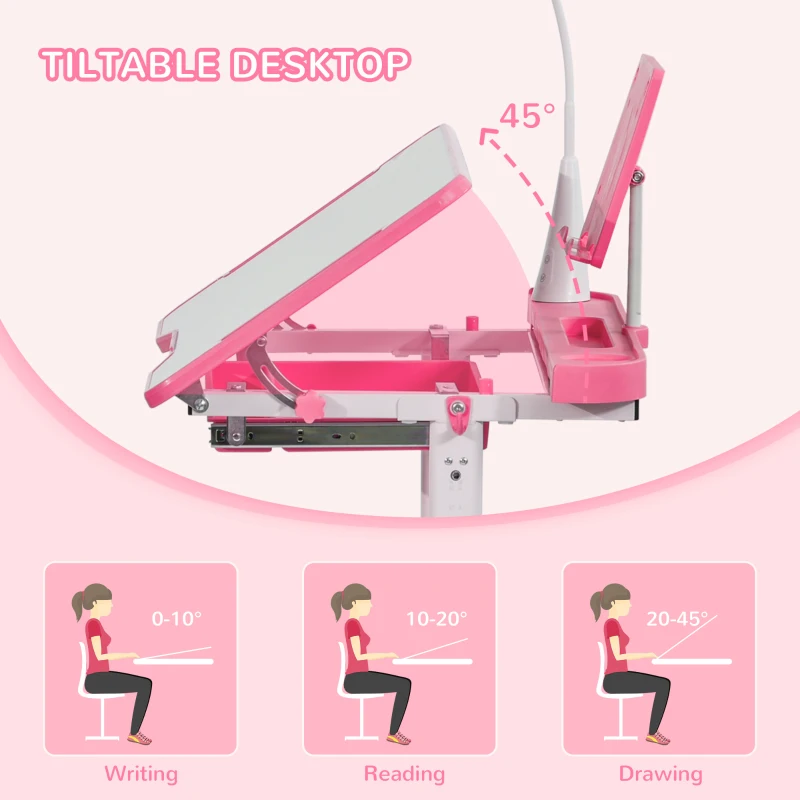Qaba Kids Desk and Chair Set, Height Adjustable School Study Table and Chair, Student Writing Desk with Tilt Desktop, LED Light, Pen Box, Drawer, Reading Board, Cup Holder, and Pen Slots, Pink