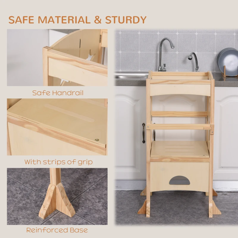 Qaba Folding Toddler Tower, Kitchen Helper Step Stool with Support Handles, Safety Rail and Non-Slip Strips, for Kids Washroom Dining Room Learning, Natural