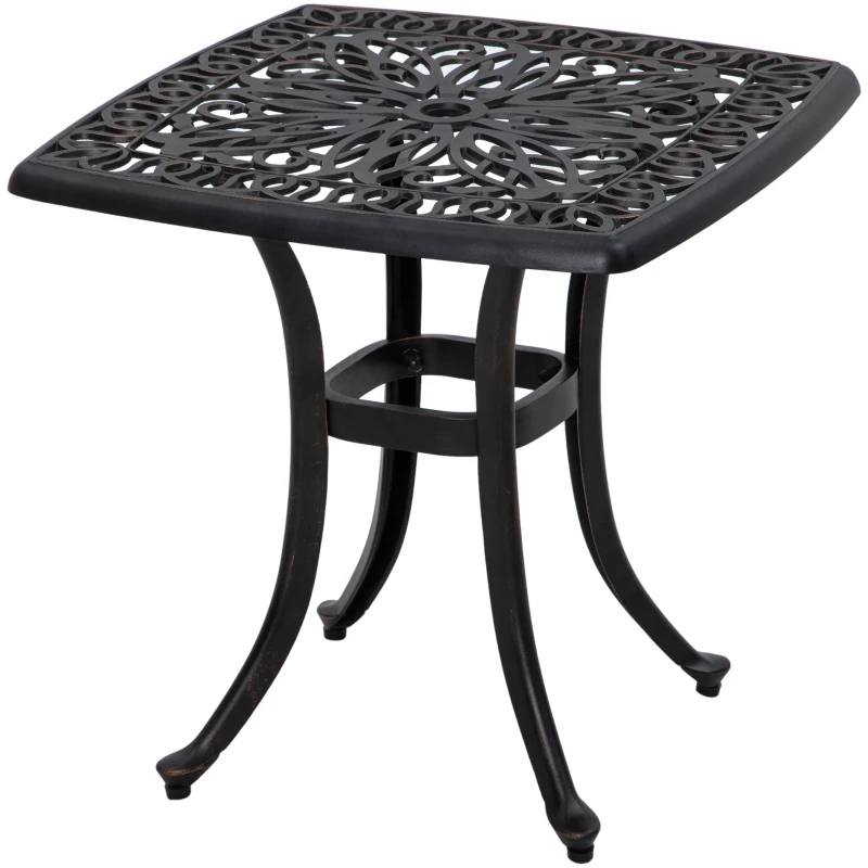 Outsunny 21" Square Outdoor End Table, Cast Aluminum Patio Side Table with Umbrella Hole for Garden, Balcony, Poolside, Bronze