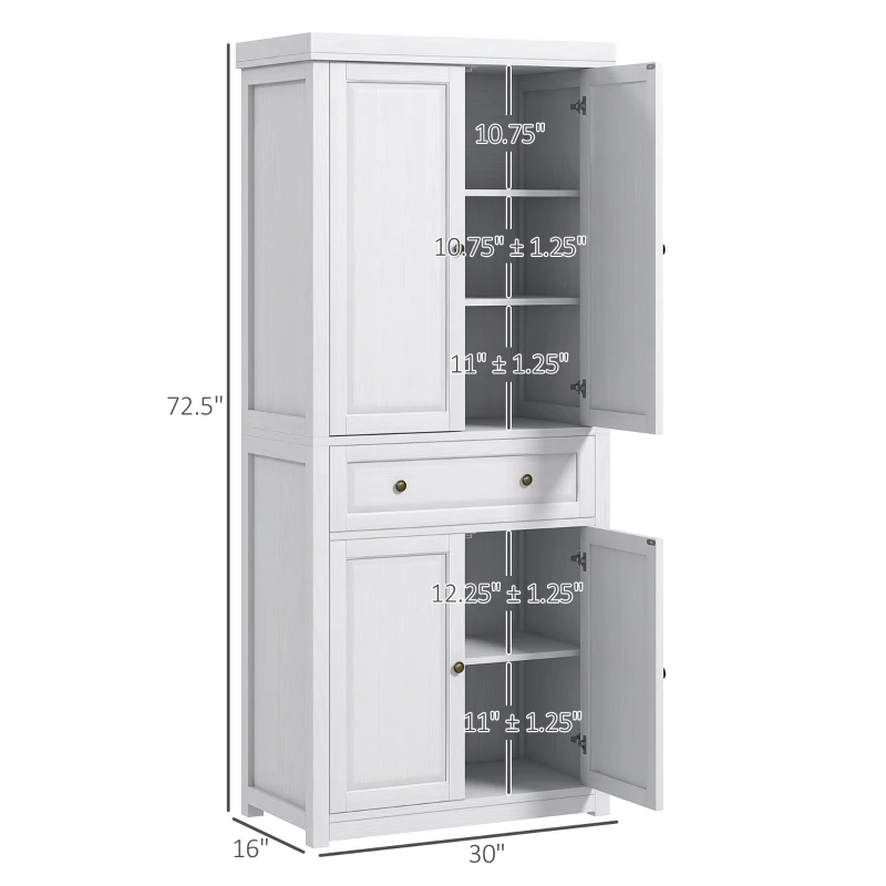 HOMCOM 72.5" Kitchen Pantry Cabinet, Tall Storage Cabinet with Doors, Drawer, and Adjustable Shelves, Distressed White