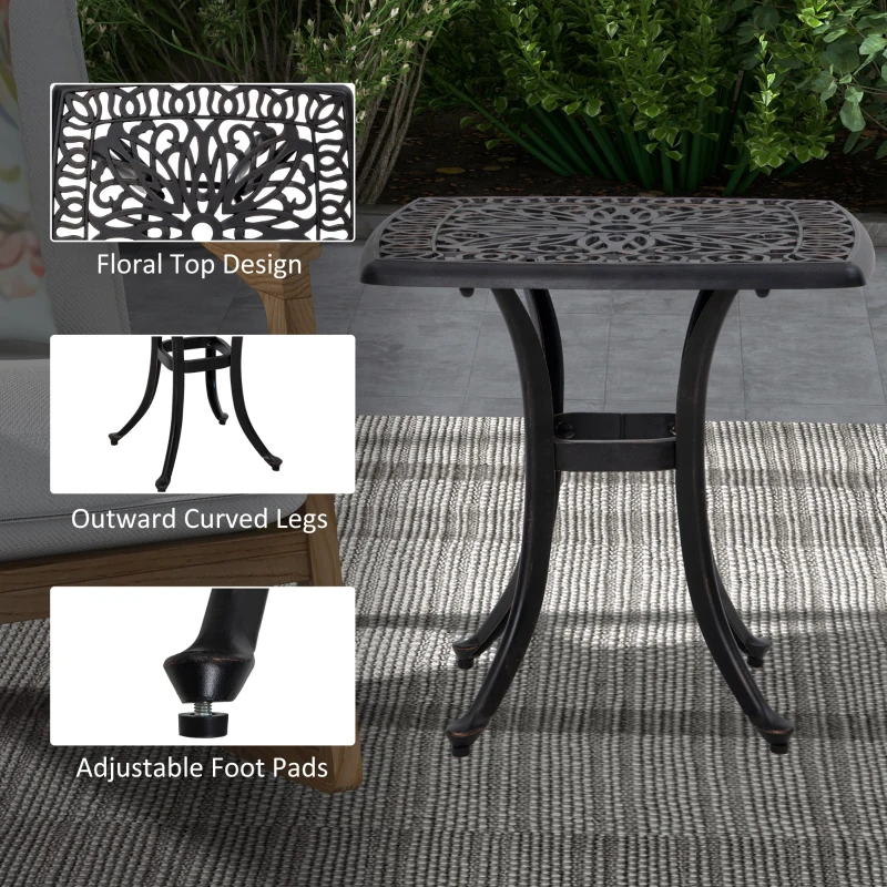 Outsunny 21" Square Outdoor End Table, Cast Aluminum Patio Side Table with Umbrella Hole for Garden, Balcony, Poolside, Bronze
