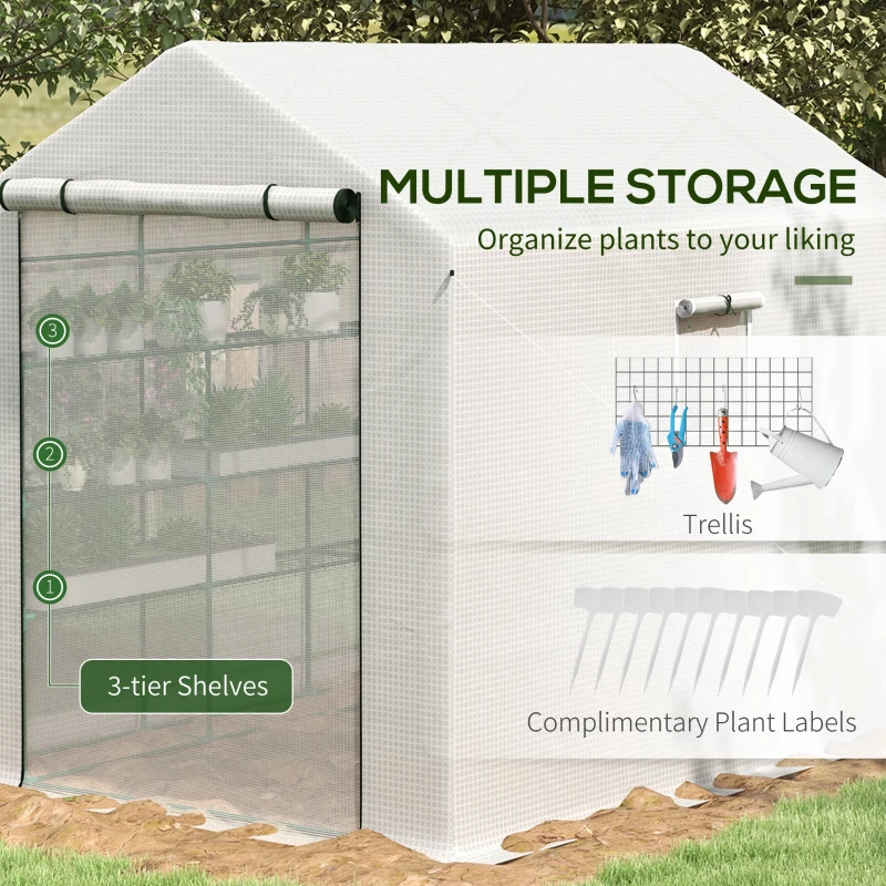 Outsunny 8' x 6' x 7' Portable Walk in Greenhouse with Mesh, Door, Windows, 18 Shelf, Trellis, Plant Labels, White