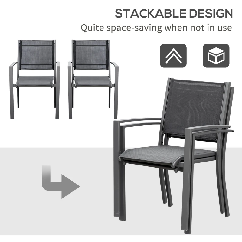 Outsunny Set of 2 Garden Chairs, Stackable Patio Dining Chairs with Mesh Seat, Steel Frame for Outdoor, Backyard, Dark Grey