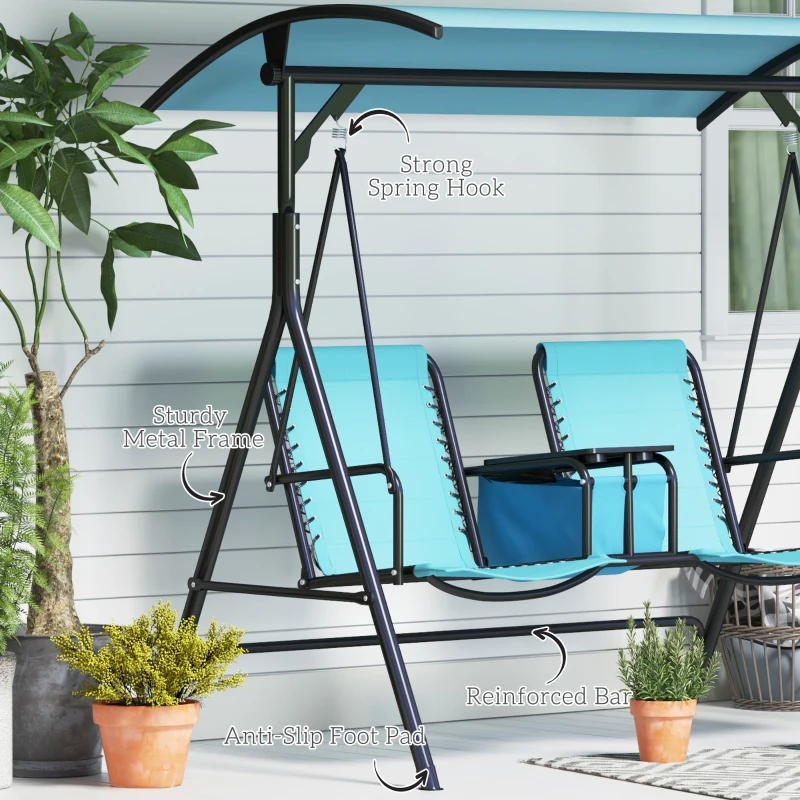 Outsunny 2 Person Porch Swing with Canopy, Storage Table, Cup Holder, Blue