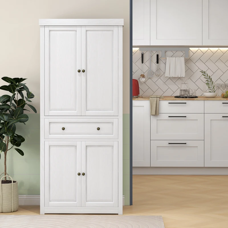 HOMCOM 72.5" Kitchen Pantry Cabinet, Tall Storage Cabinet with Doors, Drawer, and Adjustable Shelves, Distressed White
