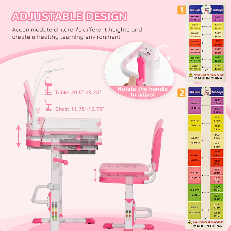 Qaba Kids Desk and Chair Set, Height Adjustable School Study Table and Chair, Student Writing Desk with Tilt Desktop, LED Light, Pen Box, Drawer, Reading Board, Cup Holder, and Pen Slots, Pink