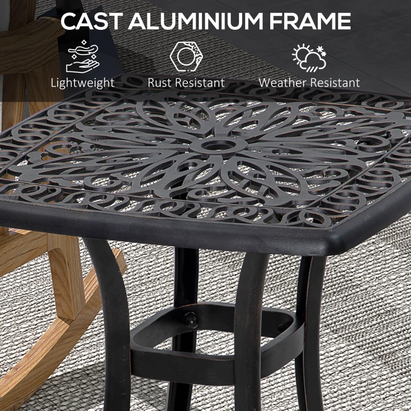 Outsunny 21" Square Outdoor End Table, Cast Aluminum Patio Side Table with Umbrella Hole for Garden, Balcony, Poolside, Bronze