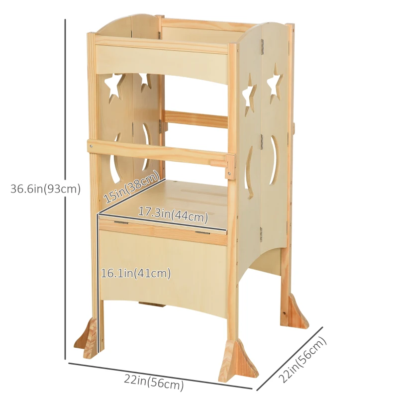 Qaba Folding Toddler Tower, Kitchen Helper Step Stool with Support Handles, Safety Rail and Non-Slip Strips, for Kids Washroom Dining Room Learning, Natural