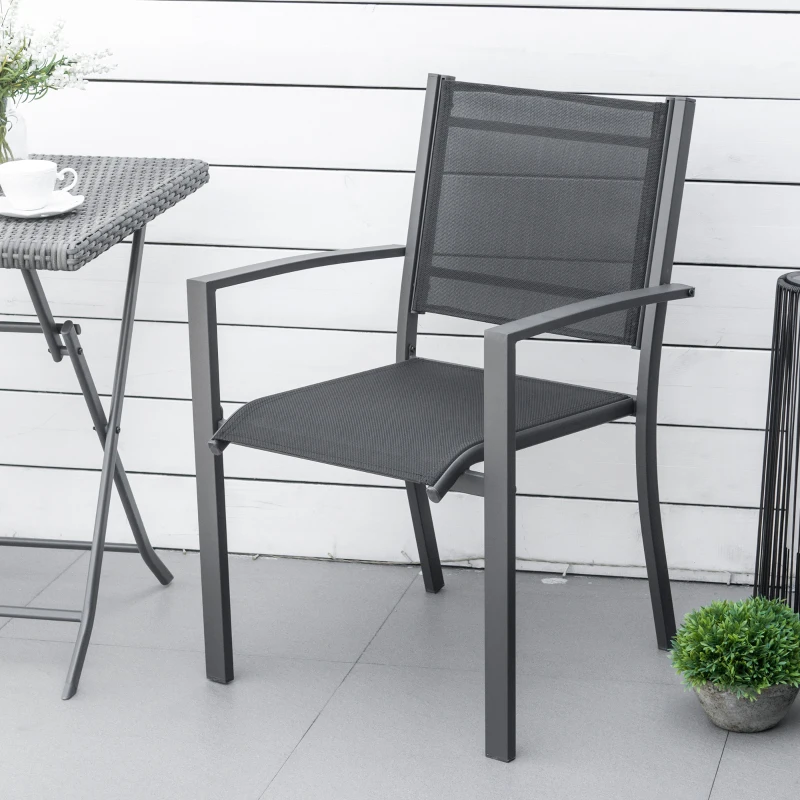 Outsunny Set of 2 Garden Chairs, Stackable Patio Dining Chairs with Mesh Seat, Steel Frame for Outdoor, Backyard, Dark Grey