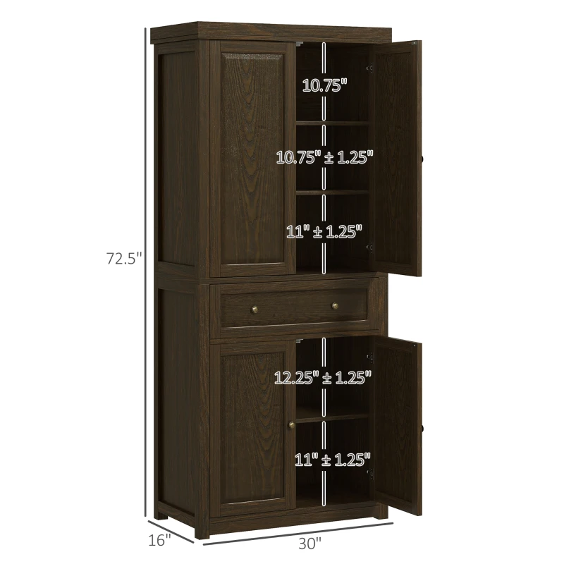 HOMCOM 72.5" Kitchen Pantry Cabinet, Tall Storage Cabinet with Doors, Drawer, and Adjustable Shelves, Distressed Espresso