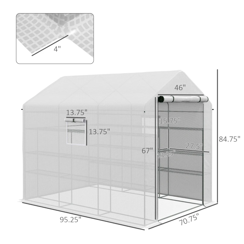 Outsunny 8' x 6' x 7' Portable Walk in Greenhouse with Mesh, Door, Windows, 18 Shelf, Trellis, Plant Labels, White