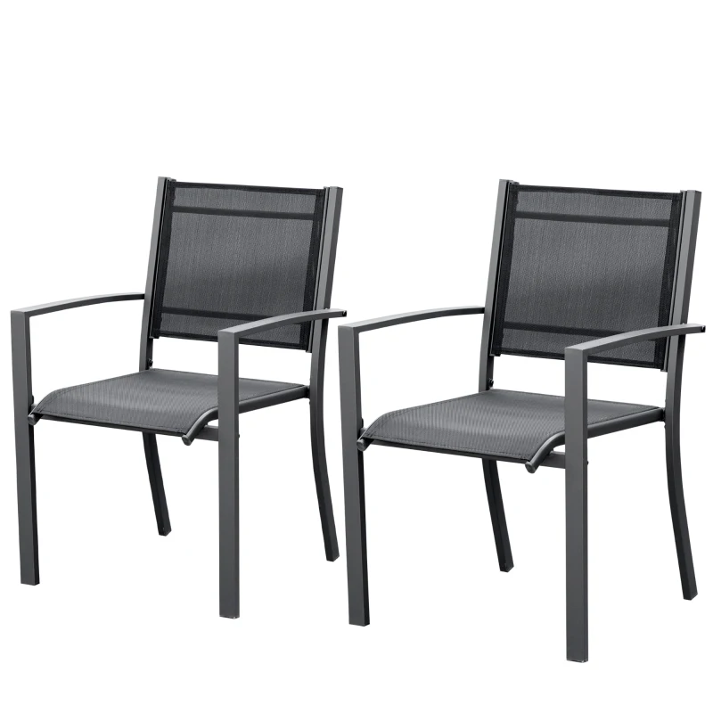 Outsunny Set of 2 Garden Chairs, Stackable Patio Dining Chairs with Mesh Seat, Steel Frame for Outdoor, Backyard, Dark Grey