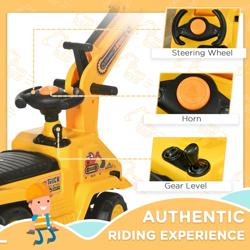 HOMCOM NO POWER 3 in 1 Ride On Toy Excavator Digger Scooter Pulling Cart Pretend Play Construction Truck