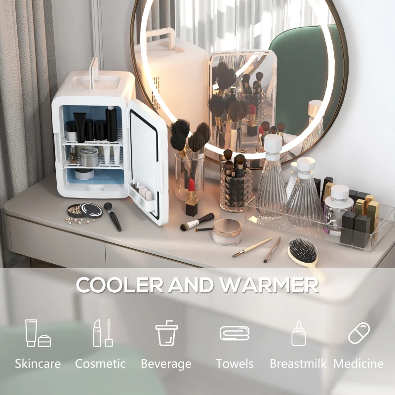 HOMCOM Skincare Fridge for Bedroom, Car with LED Mirror, Cooler and Warmer, AC/DC Powered Mini Fridge for Skincare, Beverage