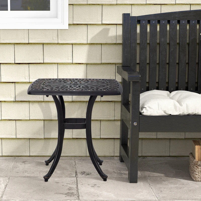 Outsunny 21" Square Outdoor End Table, Cast Aluminum Patio Side Table with Umbrella Hole for Garden, Balcony, Poolside, Bronze