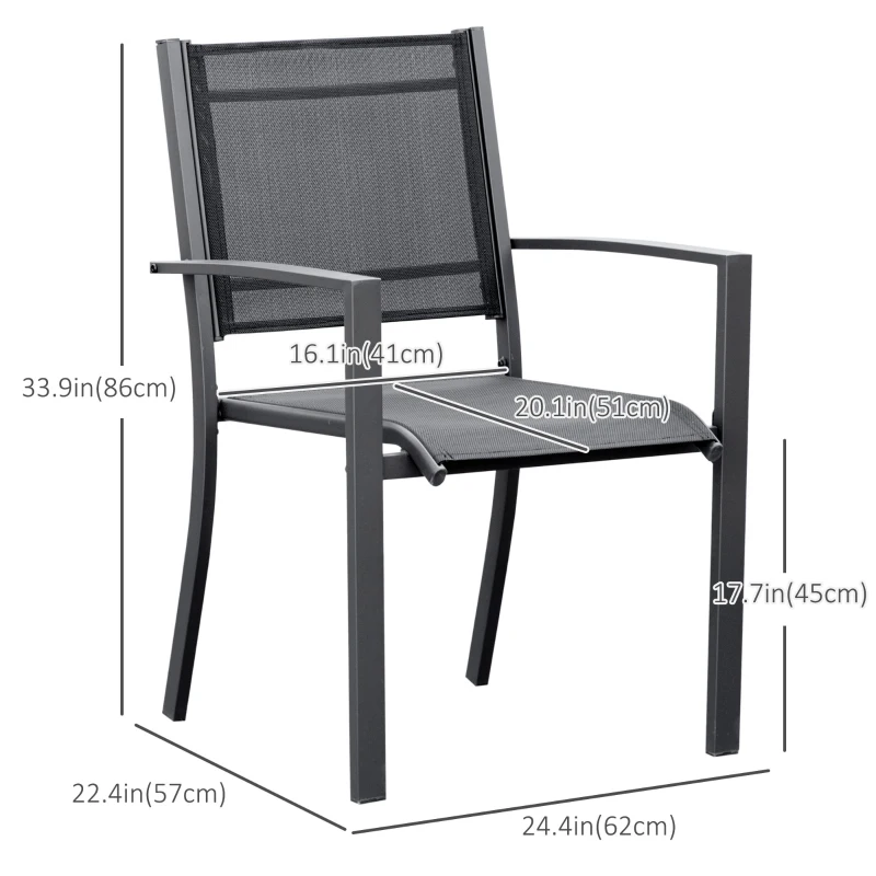 Outsunny Set of 2 Garden Chairs, Stackable Patio Dining Chairs with Mesh Seat, Steel Frame for Outdoor, Backyard, Dark Grey