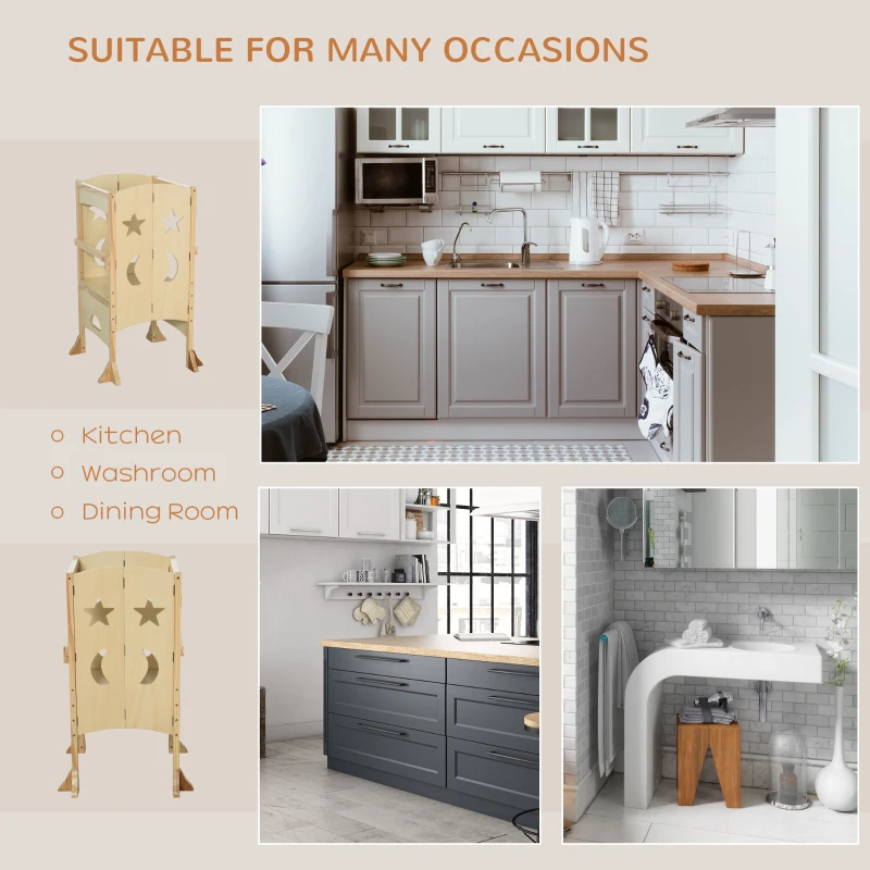 Qaba Folding Toddler Tower, Kitchen Helper Step Stool with Support Handles, Safety Rail and Non-Slip Strips, for Kids Washroom Dining Room Learning, Natural