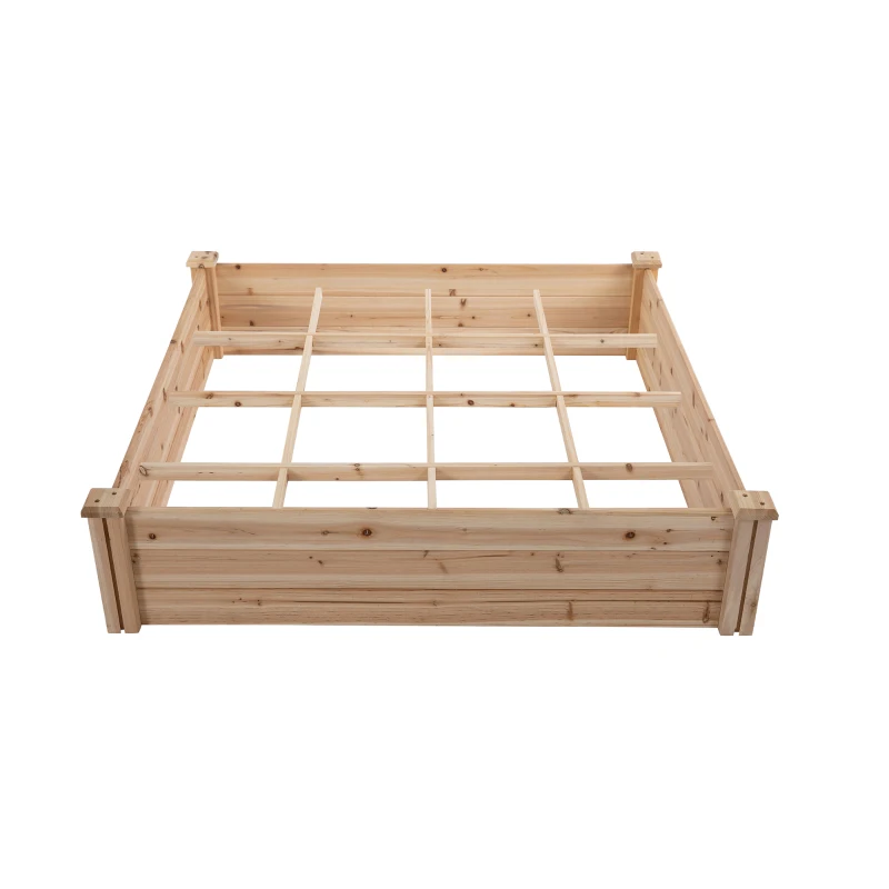 Outsunny Wooden Garden Box, 3.9x3.9 with Segmented Growing Grid, Elevated Design, Open Bottom, Rust-Resistant, Solid Wood Material for Backyard Plants & Herbs, Natural