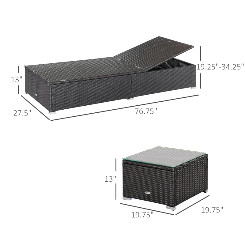 Outsunny Chaise Lounge Chair Set of 2 with 5 Angle Backrest, Outdoor Coffee Table, Water Repellent Cushions, PE Rattan Wicker Poolside Chairs, 3-Piece Pool Furniture Set, Dark Brown/Turquoise