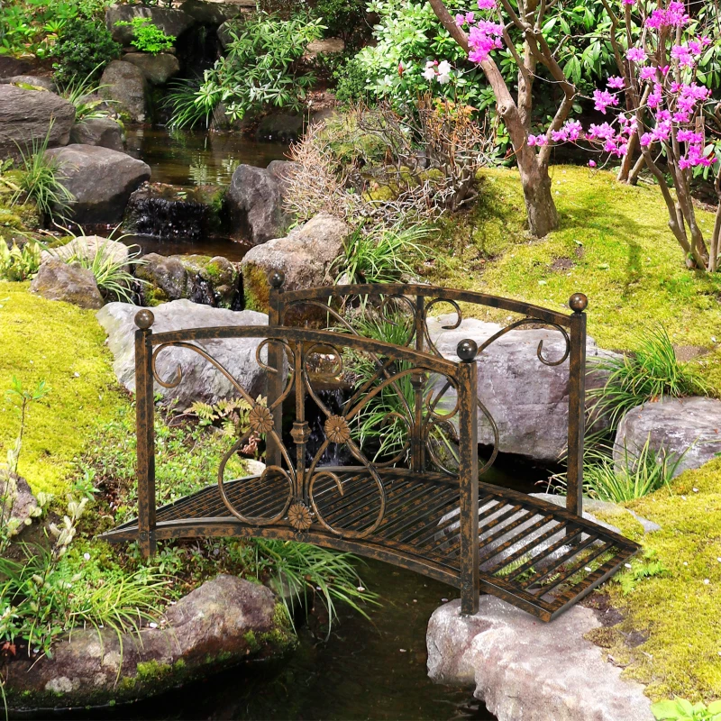 Outsunny 3.3' Metal Garden Bridge, Decorative Classic Footbridge Pond Bridge with Safety Railings for Backyard Garden Creek, Rust Brown