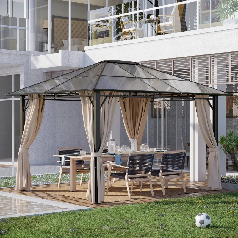 Outsunny 10' x 12' Hardtop Gazebo Canopy with Polycarbonate Roof, Aluminum Frame, Permanent Pavilion Outdoor Gazebo with Netting, for Patio, Garden, Backyard, Deck, Lawn, Dark Brown, Off-White
