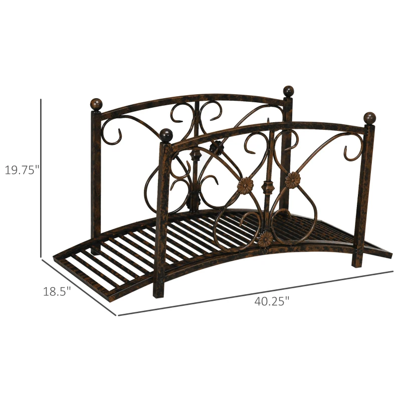 Outsunny 3.3' Metal Garden Bridge, Decorative Classic Footbridge Pond Bridge with Safety Railings for Backyard Garden Creek, Rust Brown