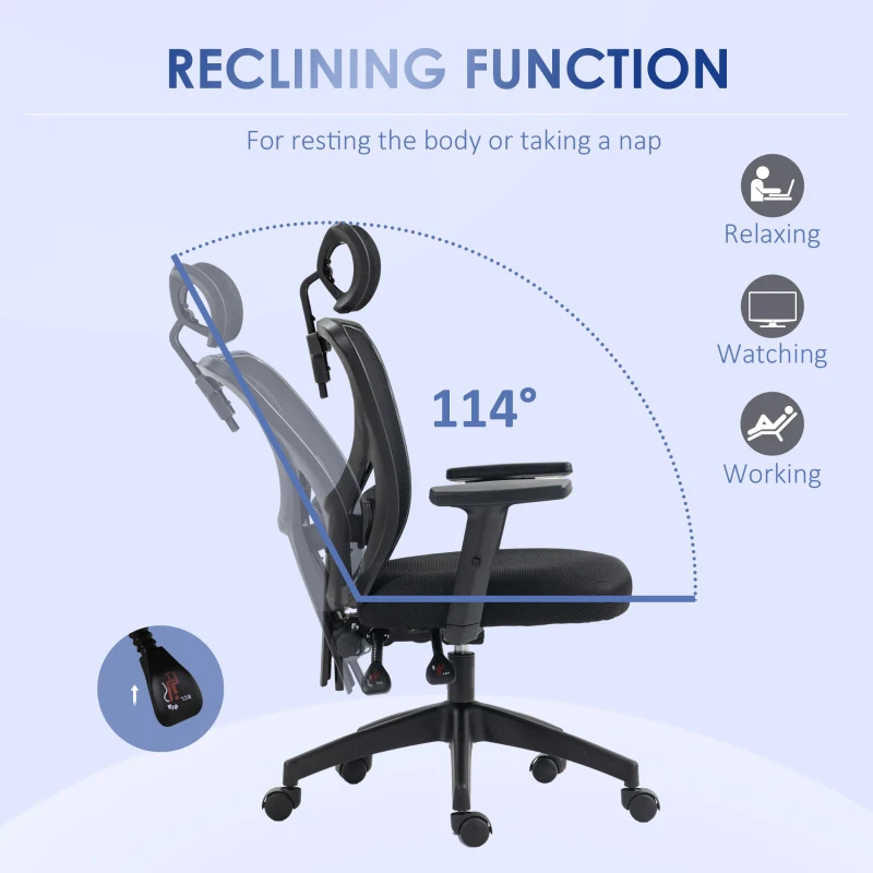 Vinsetto Ergonomic Office Chair, Mesh Desk Chair with Adjustable Headrest, Reclining Backrest, Swivel Wheels, Black