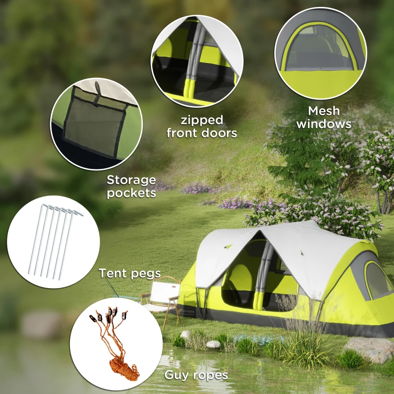 Outsunny Camping Tent for 6-8 Man with 2000mm Waterproof Rainfly and Carry Bag for Fishing Hiking Festival, Green