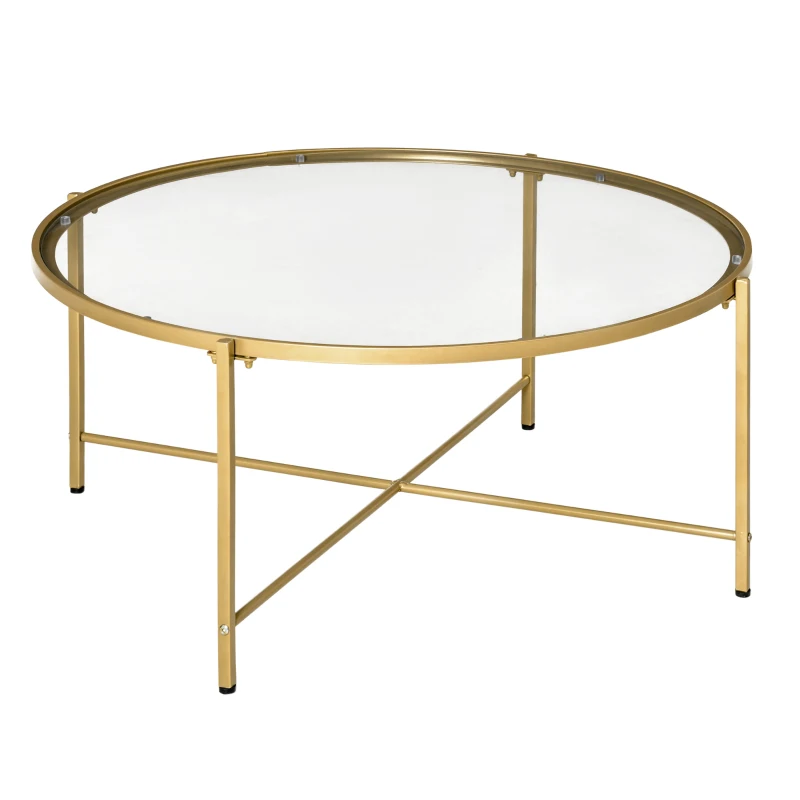 HOMCOM Modern Round Coffee Table with Tempered Glass Tabletop, Accent Side Table, Center Table for Living Room, Gold