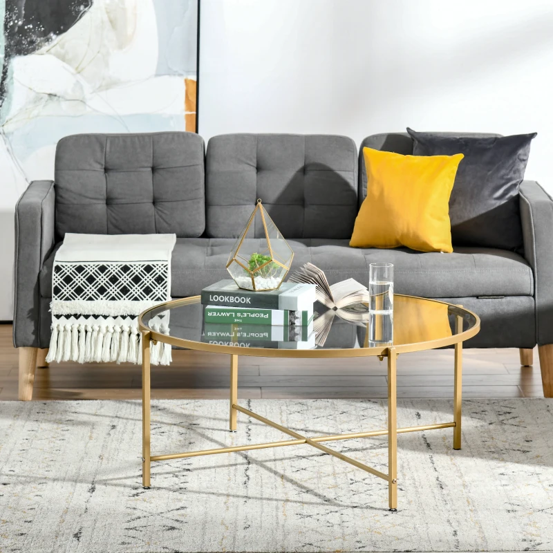 HOMCOM Modern Round Coffee Table with Tempered Glass Tabletop, Accent Side Table, Center Table for Living Room, Gold