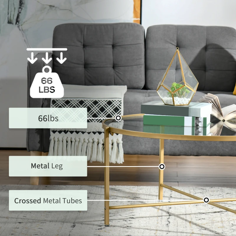 HOMCOM Modern Round Coffee Table with Tempered Glass Tabletop, Accent Side Table, Center Table for Living Room, Gold