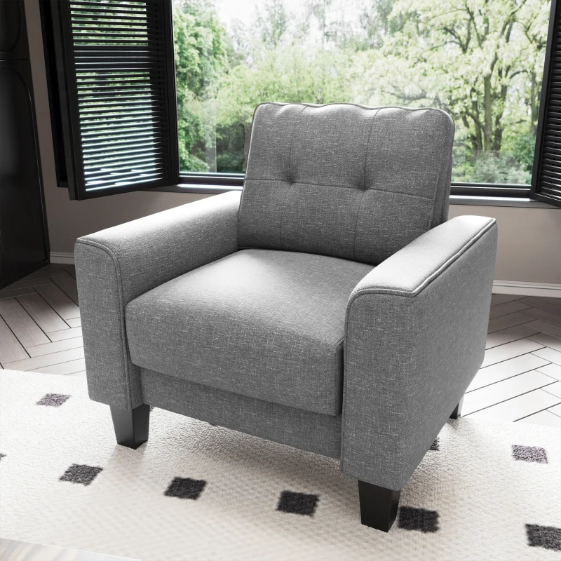 HOMCOM Button Tufted Armchair Modern Single Sofa Chair Upholstered Accent Chair with Rubber Wood Legs and Thick Padding Mid-Back for Living Room and Bedroom, Grey