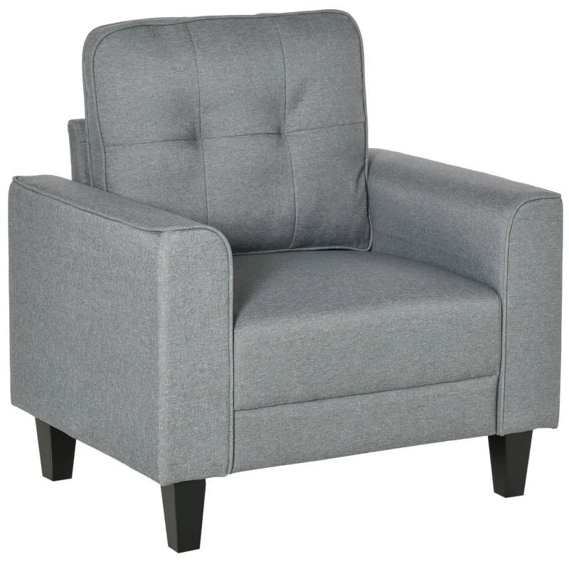 HOMCOM Button Tufted Armchair Modern Single Sofa Chair Upholstered Accent Chair with Rubber Wood Legs and Thick Padding Mid-Back for Living Room and Bedroom, Grey