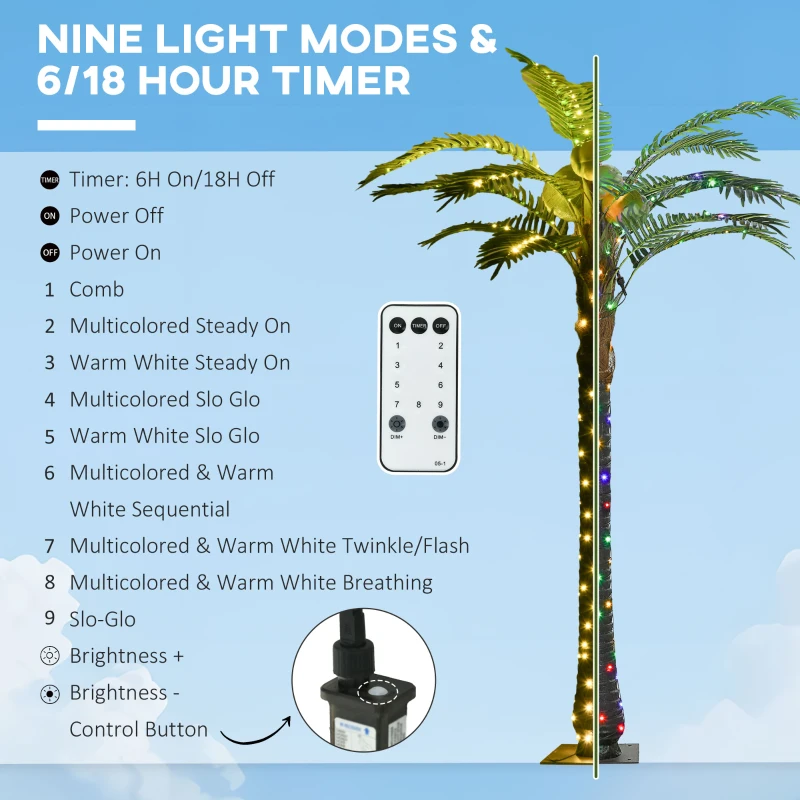 Outsunny 6' Artificial Light Up Palm Tree Lighted Tropical Fake Tree with Remote 240 Lights 3 Coconuts for Outdoor Indoor Green