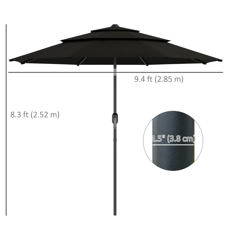 Outsunny 9FT 3 Tiers Patio Umbrella Parasol with Crank, Push Button Tilt for Deck, Backyard and Lawn, Black