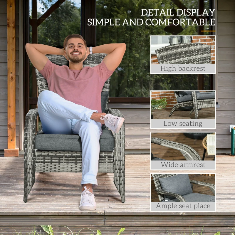 Outsunny Patio Wicker Adirondack Chair, Outdoor PE Rattan Fire Pit Chair, Muskoka Chair w/ Soft Cushions, Tall Curved Backrest and Comfortable Armrests for Deck or Garden, Grey