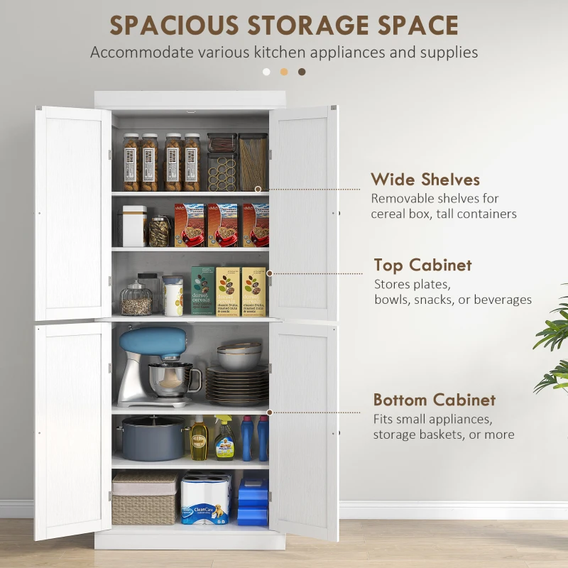 HOMCOM 72" Kitchen Cabinet, Pantry Storage Cabinet with Doors and Shelves, Freestanding Food Pantry Cabinet, White Wood Grain