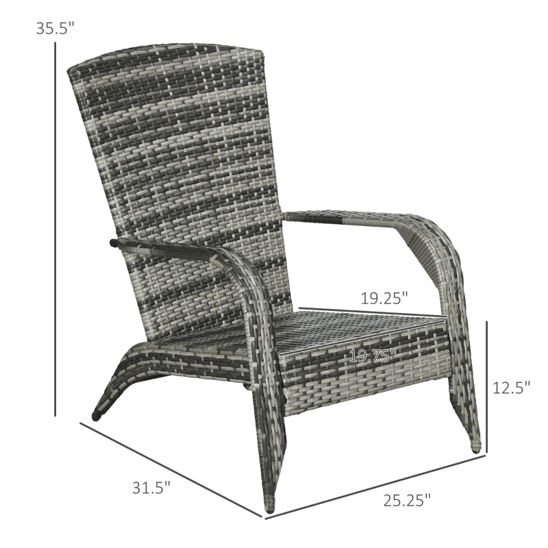 Outsunny Patio Wicker Adirondack Chair, Outdoor All-Weather Rattan Fire Pit Chair w/ Soft Cushions, Tall Curved Backrest and Comfortable Armrests for Deck or Garden, Mixed Gray/Gray