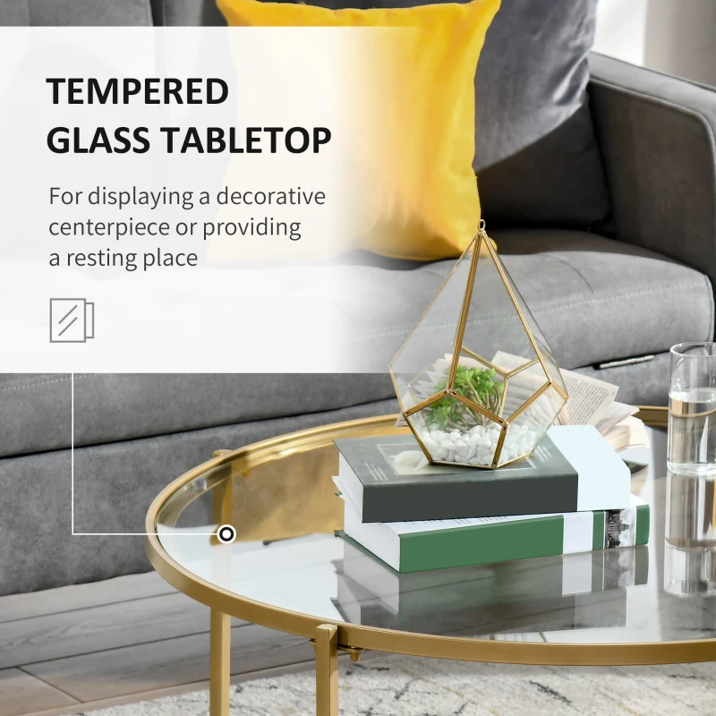 HOMCOM 36" Round Coffee Table with Tempered Glass Top, Modern Sofa Table with Metal Frame for Living Room, Gold