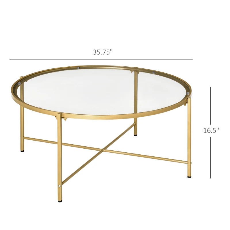 HOMCOM 36" Round Coffee Table with Tempered Glass Top, Modern Sofa Table with Metal Frame for Living Room, Gold
